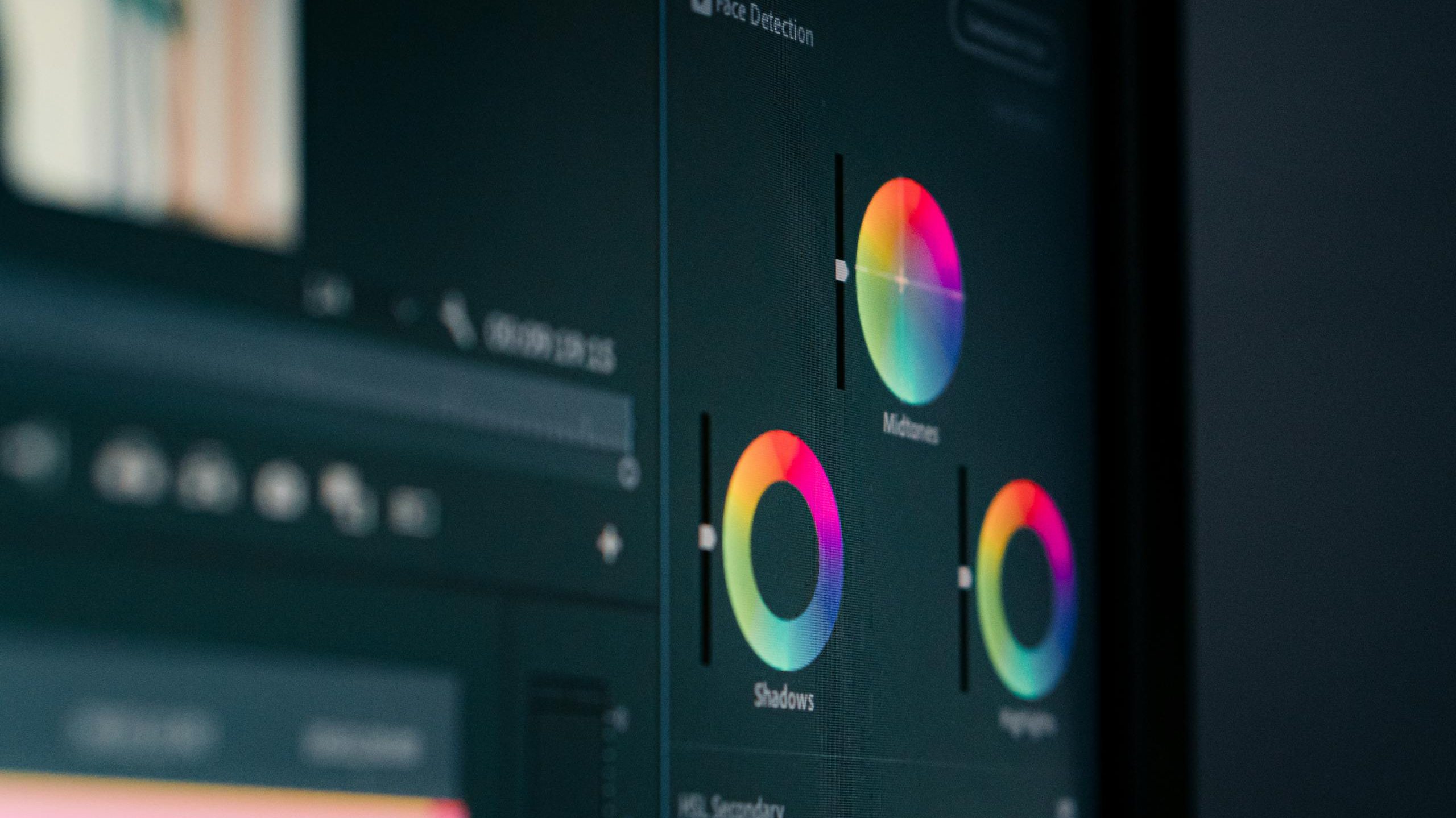 Close-up of color grading wheels on a monitor, showcasing digital editing in vibrant hues.